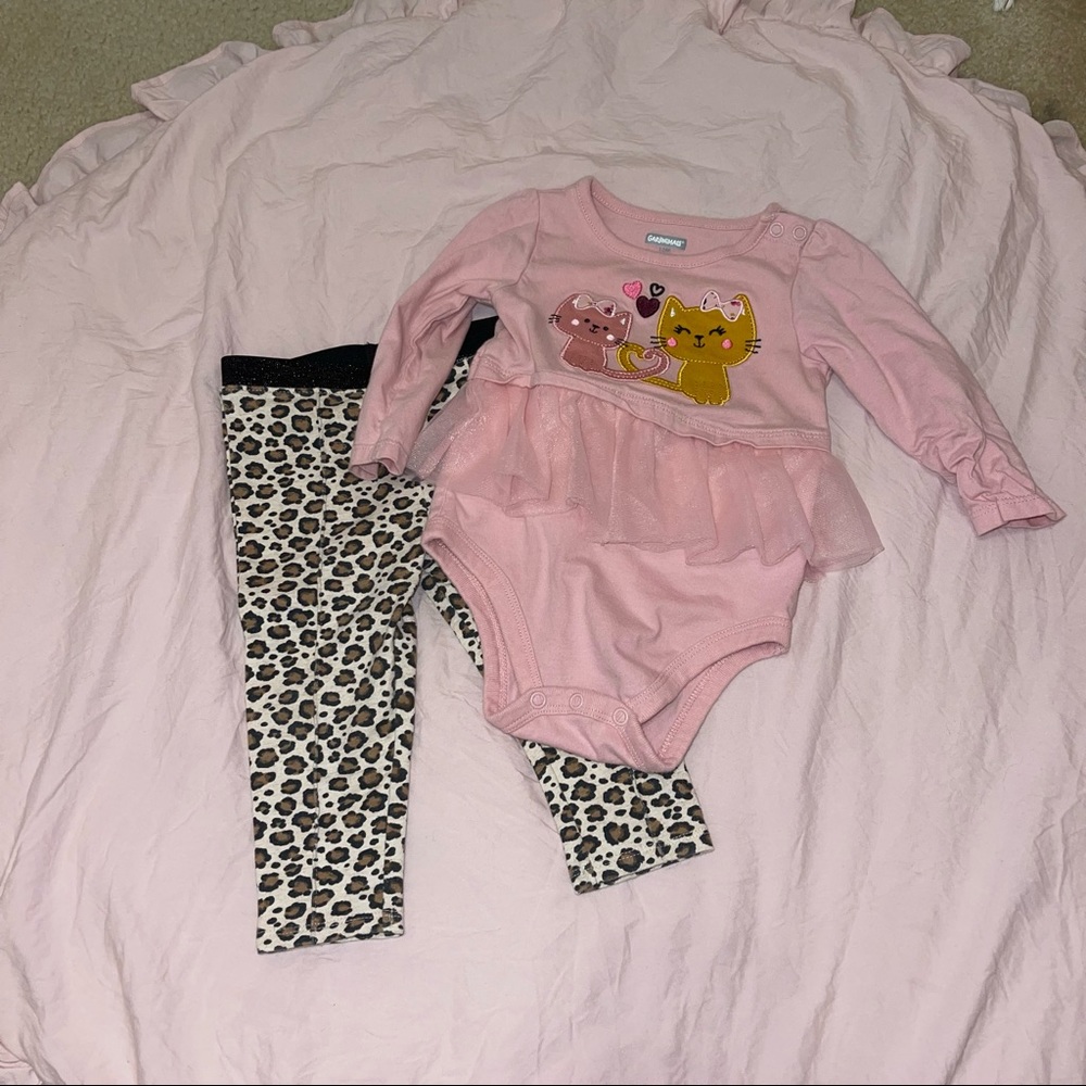 Garanimal’s Pink Killy Tulle Skirt Onesie with Pull On Cheetah Ponte Pant 12M